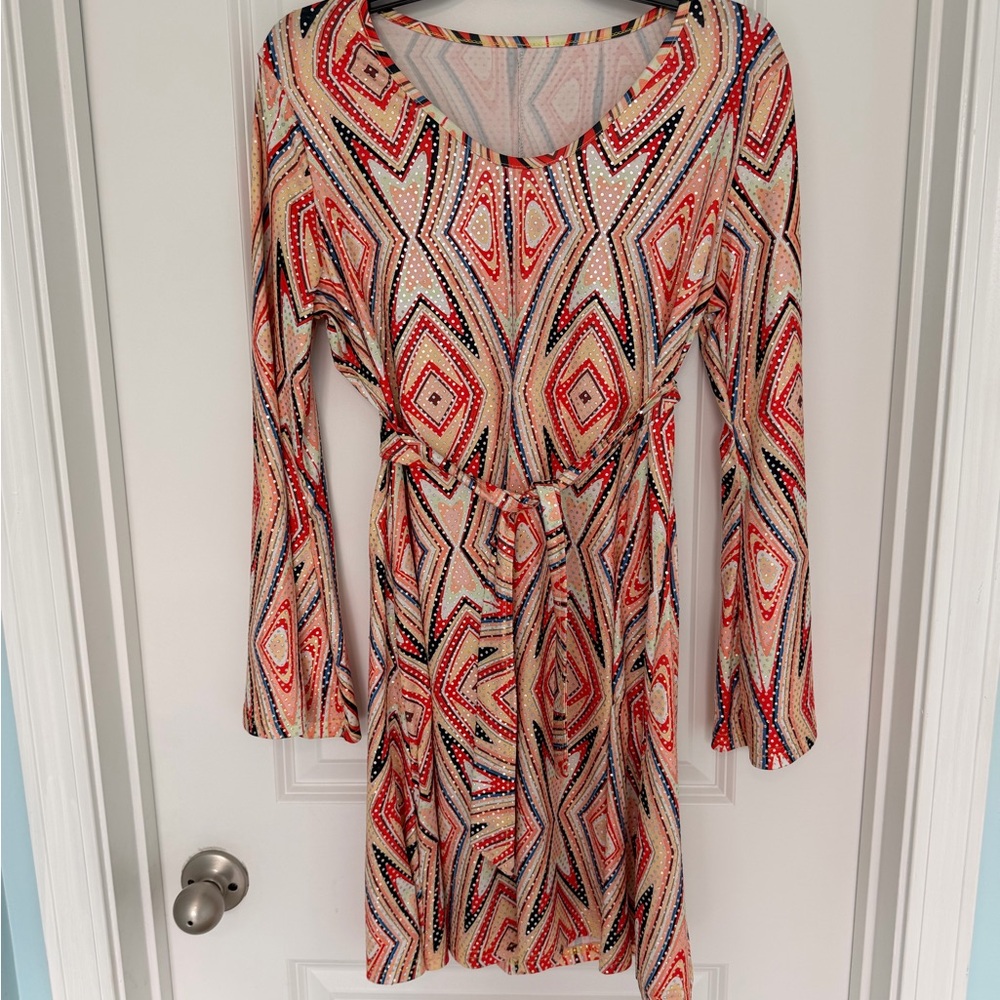 Y2K Rhinestone Western Festival Mini Dress Belted Geometric L